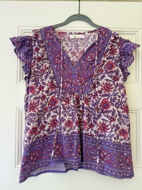 Bindu Purple Floral V-Neck Ruffle Sleeve Top
